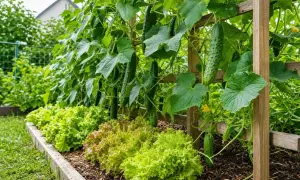 Un potager luxuriant avec des concombres mûrs grimpant sur un treillage en bois, et des salades vertes croquantes au premier plan.