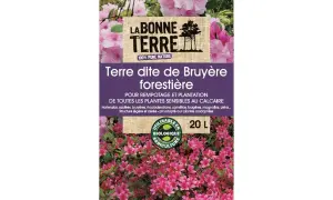 Terre de bruyère forestière pour plantes sensibles au calcaire, avec des azalées roses en fleurs. Idéal pour rempotage et plantation.