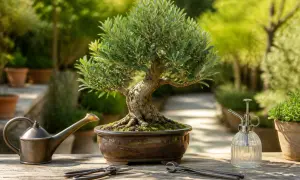 Un olivier bonsaï sur une table en bois, avec un arrosoir, des ciseaux et un vaporisateur. Quelle terre pour un olivier ? Un sol bien drainé est essentiel.