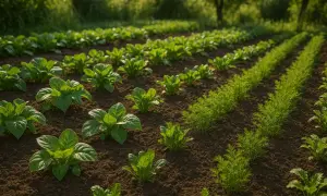 Champ de légumes avec des rangées de jeunes plants verts. Idéal pour savoir que planter après les oignons.