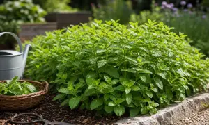 Plante de menthe luxuriante dans un jardin, avec un panier de menthe cueillie, un arrosoir et des ciseaux.