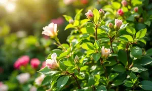 Des bourgeons et des fleurs d'azalée rose pâle s'épanouissent sous un soleil doux, leurs feuilles vertes brillantes capturant la lumière.