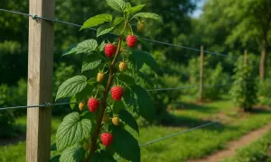 Un framboisier bien tuteuré, chargé de fruits rouges mûrs et de quelques-uns encore verts, pousse le long d'un fil tendu sur un poteau en bois. Une belle idée pour un tuteur framboisier.