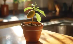 Jeune pousse de mangue dans un pot, le noyau encore attaché, symbole de l'art de planter un noyau de mangue.
