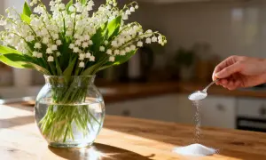 Un bouquet de muguet dans un vase, une main verse du sucre. Astuce pour comment planter du muguet avec racines : le sucre peut aider.