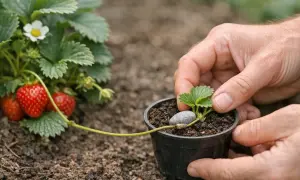 Mains tenant un jeune fraisier en pot, prêt pour l'entretien. Un fraisier mature avec des fruits rouges est visible à gauche.
