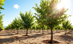 L'image montre une plantation d'arbres fruitiers, probablement des pruniers, en pleine croissance. Le soleil brille à travers les feuilles, créant des rayons lumineux.