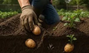 Un agriculteur plante des pommes de terre, assurant un bon espacement pour une croissance optimale.