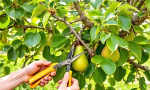 Des mains coupent une poire mûre d'un arbre. C'est une étape clé pour savoir comment tailler un poirier.