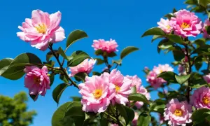 Des fleurs de camélia roses épanouies sous un ciel bleu vif. La **taille camelia** a permis à ces magnifiques fleurs de s'épanouir.