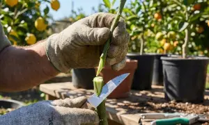Un jardinier ganté utilise un couteau pour greffer un citronnier, préparant la tige pour une nouvelle croissance.