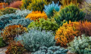 Un parterre coloré de plantes persistantes aux teintes variées : vert, bleu, orange, jaune et brun. Un arbuste persistant au feuillage gris-bleu se distingue.