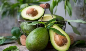Avocats frais, certains coupés en deux, dans un panier. Une belle récolte d'avocatier en France, prête à être dégustée.