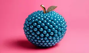 Une pomme ornée de perles bleues, comme une framboise bleue fantaisiste, avec une tige dorée et une feuille sertie de diamants.
