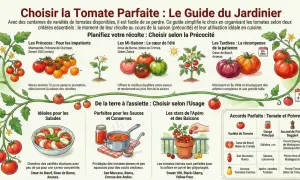 Guide du jardinier présentant diverses variétés de tomates, classées par précocité et usage culinaire.