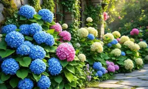 Un chemin pavé bordé d'hortensias bleus, roses et blancs éclatants, grimpant le long d'un mur de pierre couvert de végétation. La terre pour hortensia a permis cette floraison spectaculaire.