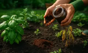 Mains saupoudrant du marc de café sur la terre, près d'une plante de basilic luxuriante et d'une autre qui dépérit.