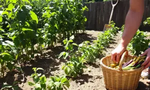 Récolte de haricots nains colorés dans un panier. Le jardin est ensoleillé, avec des rangées de plantes vertes et une pelle en arrière-plan.