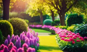 Un chemin de jardin bordé de fleurs roses et violettes, baigné de soleil. Une pensée fleurie pour une promenade paisible.
