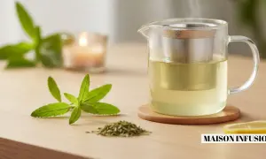 Une théière en verre remplie d'infusion fumante, à côté d'une branche de verveine fleur et d'une tranche de citron.