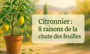 Un citronnier en pot, avec des citrons jaunes, perd ses feuilles. Le texte indique "Citronnier : 8 raisons de la chute des feuilles".