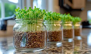 Des bocaux en verre alignés sur un comptoir, remplis de lentilles et de pousses vertes. Une belle façon de faire pousser des lentilles à la maison.