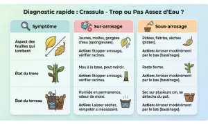Diagnostic rapide pour un arbre de jade : feuilles qui tombent, molles ou ridées. Le sur-arrosage rend les feuilles spongieuses, le sous-arrosage les fait flétrir.
