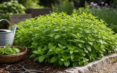 Plante de menthe luxuriante dans un jardin, avec un panier de menthe cueillie, un arrosoir et des ciseaux.