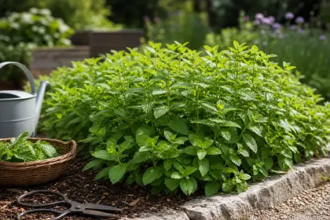 Plante de menthe luxuriante dans un jardin, avec un panier de menthe cueillie, un arrosoir et des ciseaux.