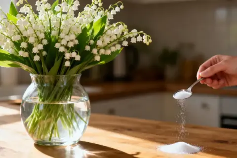 Un bouquet de muguet dans un vase, une main verse du sucre. Astuce pour comment planter du muguet avec racines : le sucre peut aider.