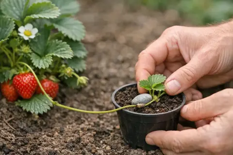 Mains tenant un jeune fraisier en pot, prêt pour l'entretien. Un fraisier mature avec des fruits rouges est visible à gauche.