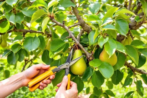 Des mains coupent une poire mûre d'un arbre. C'est une étape clé pour savoir comment tailler un poirier.