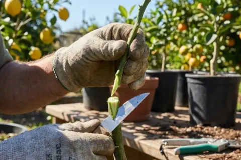 Un jardinier ganté utilise un couteau pour greffer un citronnier, préparant la tige pour une nouvelle croissance.