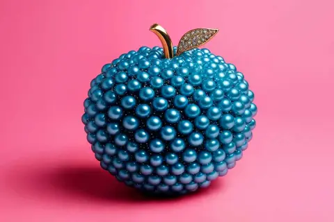 Une pomme ornée de perles bleues, comme une framboise bleue fantaisiste, avec une tige dorée et une feuille sertie de diamants.