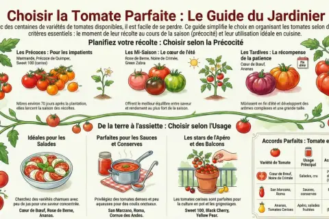 Guide du jardinier présentant diverses variétés de tomates, classées par précocité et usage culinaire.