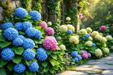 Un chemin pavé bordé d'hortensias bleus, roses et blancs éclatants, grimpant le long d'un mur de pierre couvert de végétation. La terre pour hortensia a permis cette floraison spectaculaire.