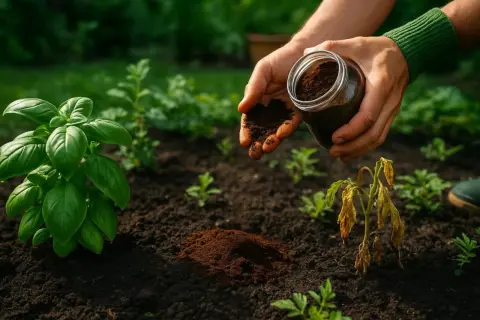 Mains saupoudrant du marc de café sur la terre, près d'une plante de basilic luxuriante et d'une autre qui dépérit.