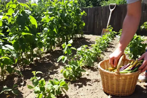 Récolte de haricots nains colorés dans un panier. Le jardin est ensoleillé, avec des rangées de plantes vertes et une pelle en arrière-plan.