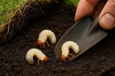 Trois larves de hanneton, blanches et courbées, se trouvent dans la terre sombre. Une petite pelle métallique est posée à côté d'elles.