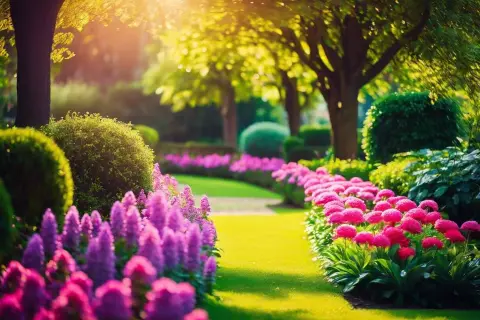 Un chemin de jardin bordé de fleurs roses et violettes, baigné de soleil. Une pensée fleurie pour une promenade paisible.