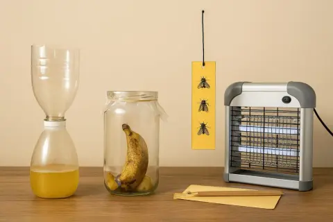 Un piège à mouche maison avec une bouteille coupée et un bocal contenant une banane. Une lampe anti-insectes est à côté.