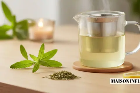Une théière en verre remplie d'infusion fumante, à côté d'une branche de verveine fleur et d'une tranche de citron.