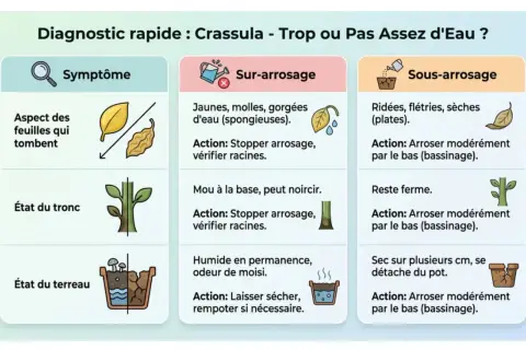 Diagnostic rapide pour un arbre de jade : feuilles qui tombent, molles ou ridées. Le sur-arrosage rend les feuilles spongieuses, le sous-arrosage les fait flétrir.