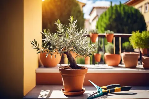 Un olivier petite taille en pot, prêt à être taillé, avec des ciseaux de jardinage à proximité.