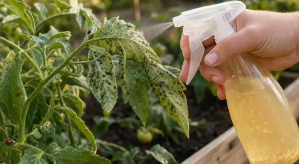 Main d'une personne pulvérisant un traitement sur des feuilles de tomate infestées par le puceron tomate. Des coccinelles sont visibles sur les feuilles.