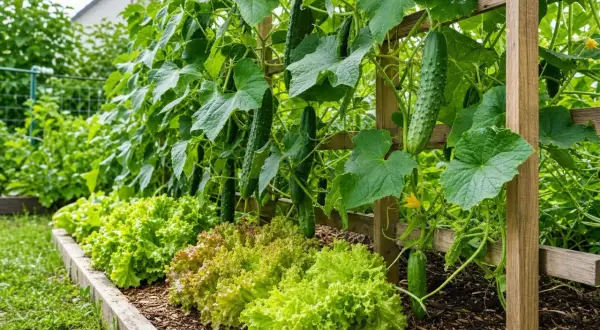 Un potager luxuriant avec des concombres mûrs grimpant sur un treillage en bois, et des salades vertes croquantes au premier plan.