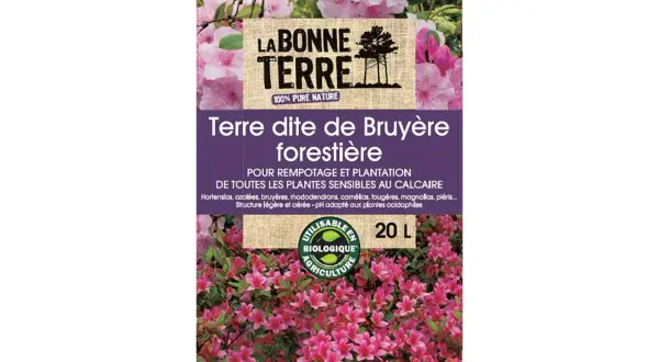 Terre de bruyère forestière pour plantes sensibles au calcaire, avec des azalées roses en fleurs. Idéal pour rempotage et plantation.