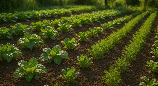 Champ de légumes avec des rangées de jeunes plants verts. Idéal pour savoir que planter après les oignons.