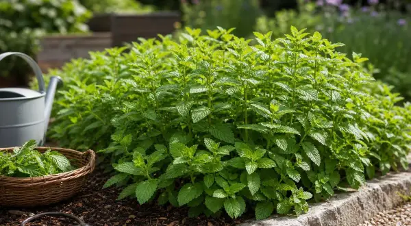 Plante de menthe luxuriante dans un jardin, avec un panier de menthe cueillie, un arrosoir et des ciseaux.