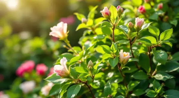 Des bourgeons et des fleurs d'azalée rose pâle s'épanouissent sous un soleil doux, leurs feuilles vertes brillantes capturant la lumière.